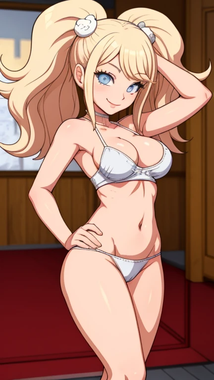 masterpiece, best quality, looking at viewer, upper body, portrait, looking at viewer, seductive smile, put your hands behind your head, armpits, armpits visible, sweaty armpits, Junko Enoshima, very large breasts, blonde hair, blue eyes , wearing white tanktop,
