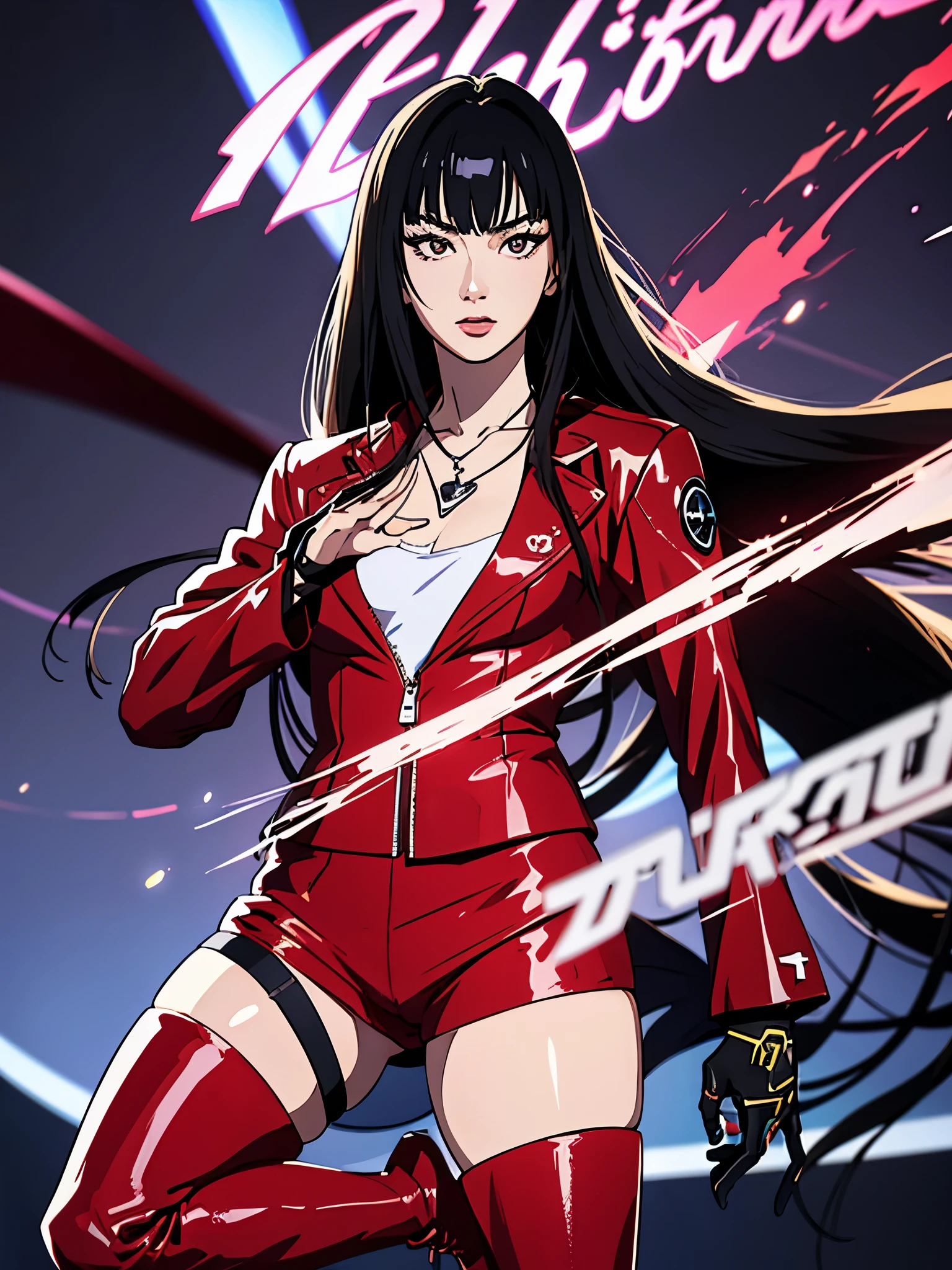 digital art drawing, illustration of (Giselle from k-pop group aespa, Long black hair with bangs, white streaks in her hair, brown eyes, flat chest, anime girl, silver chain necklaces, confident look, red jacket, black latex pants, long black boots, neon details, cyberpunk 2077), anime drawing/art, bold linework, illustration, digital art, masterpiece, flat illustration, no shadows, 8k resolution, high detail, vector art, only anime, perfect eyes, perfect hands, perfect fingers, sharpness, high clarity, medium shot, high fidelity
