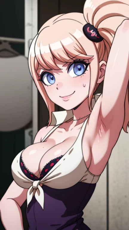 masterpiece, best quality, looking at viewer, upper body, portrait, looking at viewer, seductive smile, put your hands behind your head, armpits, armpits visible, sweaty armpits, Junko Enoshima, very large breasts, blonde hair, blue eyes , wearing white tanktop, twintail