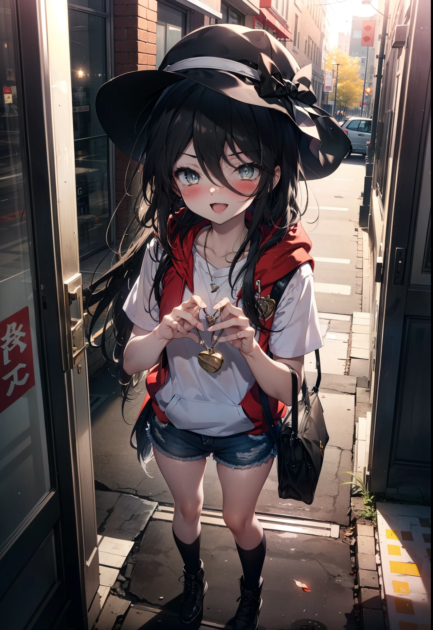 Shana,灼眼のShana,Long Hair, Black Hair,black eye, Small breasts,smile,blush,Open your mouth,Applejack Hat,Tank top shirt,Red hoodie,Short sleeve,Shorts,Black knee socks,Locket Necklace,short boots,Looking down from above,whole bodyがイラストに入るように,morning,morning陽,The sun is rising,
break looking at viewer, whole body,
break outdoors, City Street,construction area,
break (masterpiece:1.2), highest quality, High resolution, unity 8k wallpaper, (shape:0.8), (Beautiful and beautiful eyes:1.6), Highly detailed face, Perfect lighting, Extremely detailed CG, (Perfect hands, Perfect Anatomy),