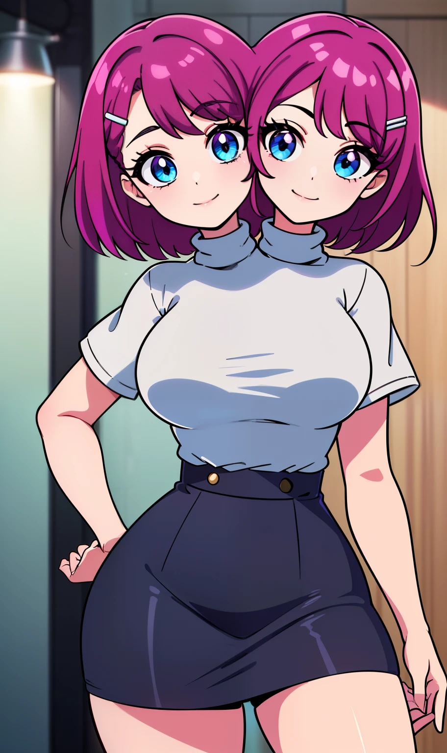 b best quality, (masterpiece),(ultra-detailed), (high quality), (high resolution), ((2heads:1.5)), ((dark magenta hair)), shorts, best quality:1.5, highres, UHD, 4K), smiling, ((white turtleneck shirt)), (short sleeves),((seductive pose)), ((detailed eyes)), (light blue eyes), dark gray skirt, hairclip, ((girl with two heads)