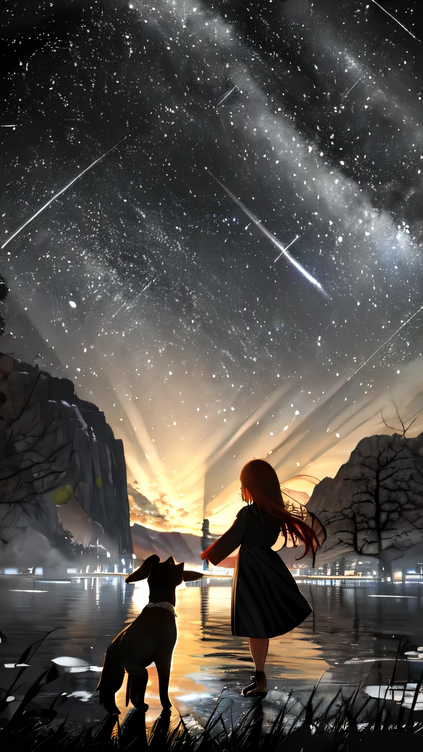Night view、Idyllic mountains、There is a girl and a dog。The starry sky is beautiful