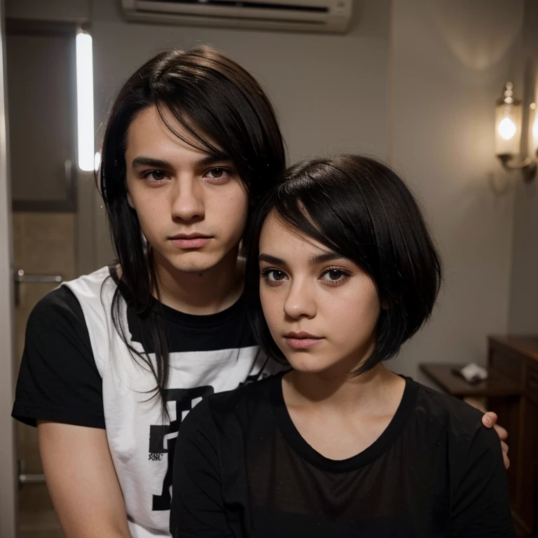 Emo couple interracial the boy is Polish, similar to Dominik Santorski from the movie Suicide Room He is Polish, grayish blue eyes, white complexion , tall 1.91cm and slim, his hair is dark brown and short hair emo style The girl is Mexican emo girl long straight black hair ,she has curvy body and black eyes she is shorty 1.65cm Light brown complexion , she is more much shorty than him , Make them in México city