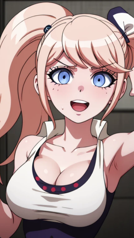 masterpiece, best quality, looking at viewer, upper body, portrait, looking at viewer, laugh, put your hands behind your head, armpits, armpits visible, sweaty armpits, Junko Enoshima, very large breasts, blonde hair, blue eyes , wearing white tanktop, twintail