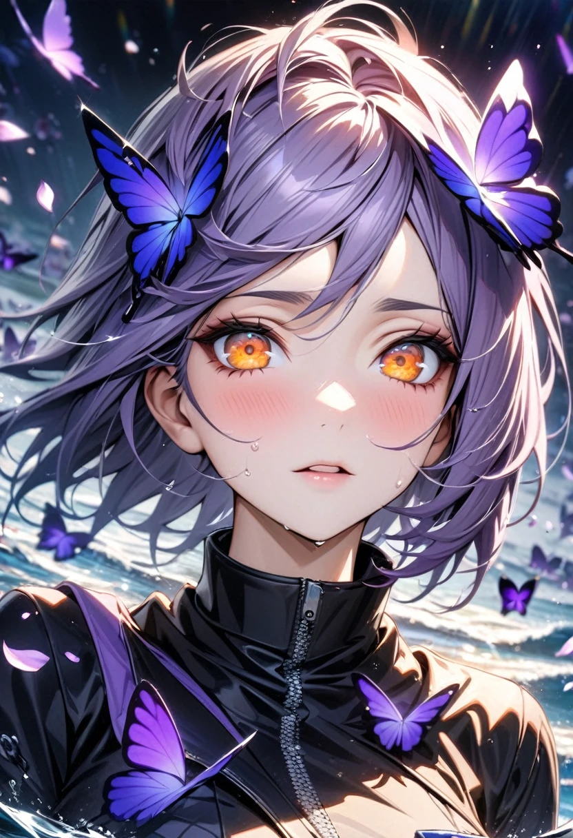 absurdres, highres, ultra detailed, HDR, master piece, best quality, Konan, ligh-purple short hair, expressive orange eyes, Naruto Shippuden, solo, woman, beautiful, white rose on the hair, black clothes, water, purple butterflies, purple flowers, petals