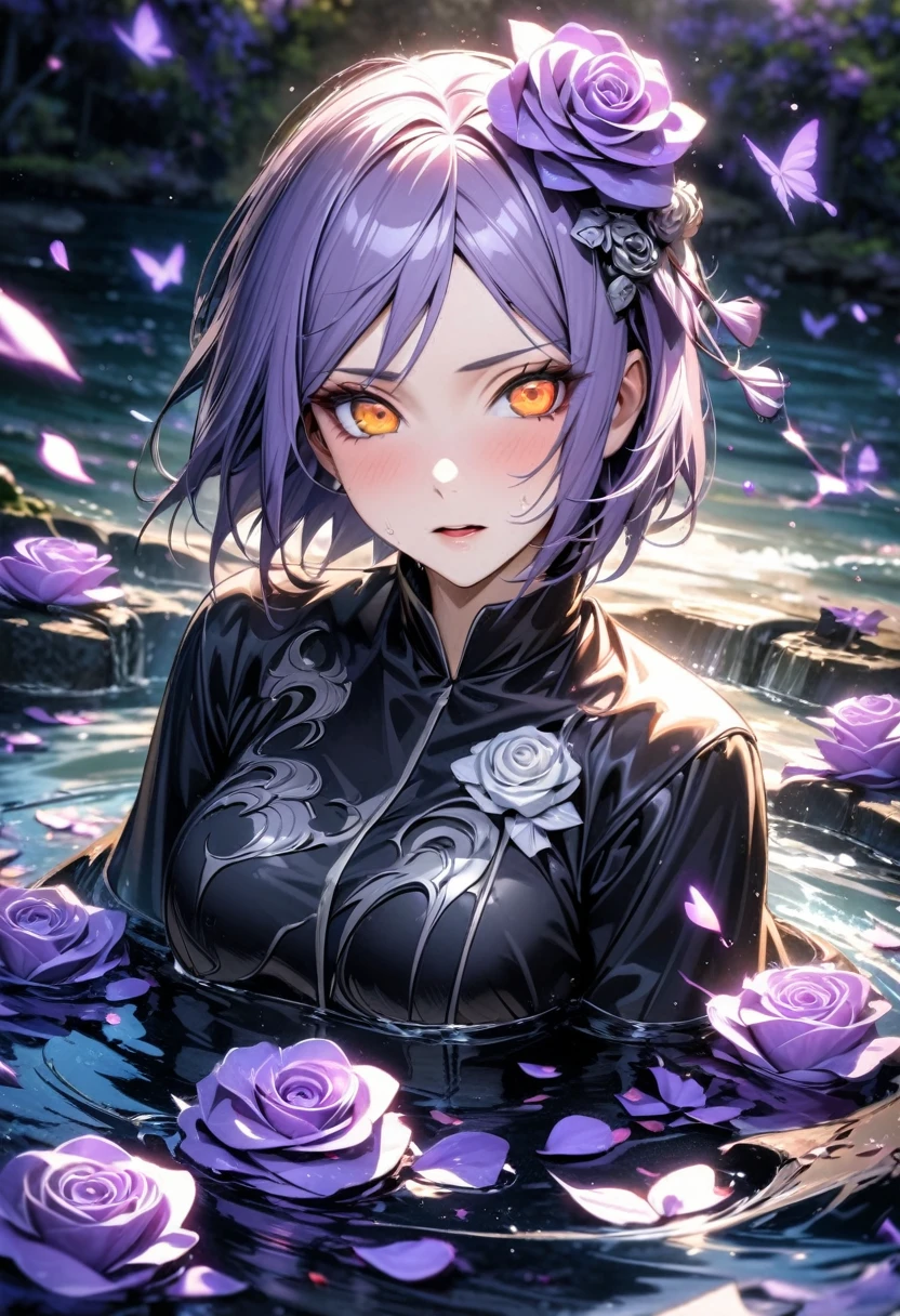 absurdres, highres, ultra detailed, HDR, master piece, best quality, Konan, ligh-purple short hair, expressive orange eyes, Naruto Shippuden, solo, woman, beautiful, white rose on the hair, black clothes, water, purple butterflies, purple flowers, petals