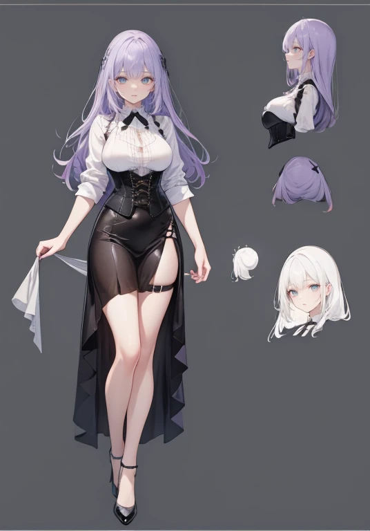 Purple hair,long hair,Adult female,Bartender,((Body harness)),((Rolling up your sleeves shirt)),(Corset),(Long skirt),(slit),High heels,((Simple background)),Smile,((Full body)),((whole body)),Character Sheet,