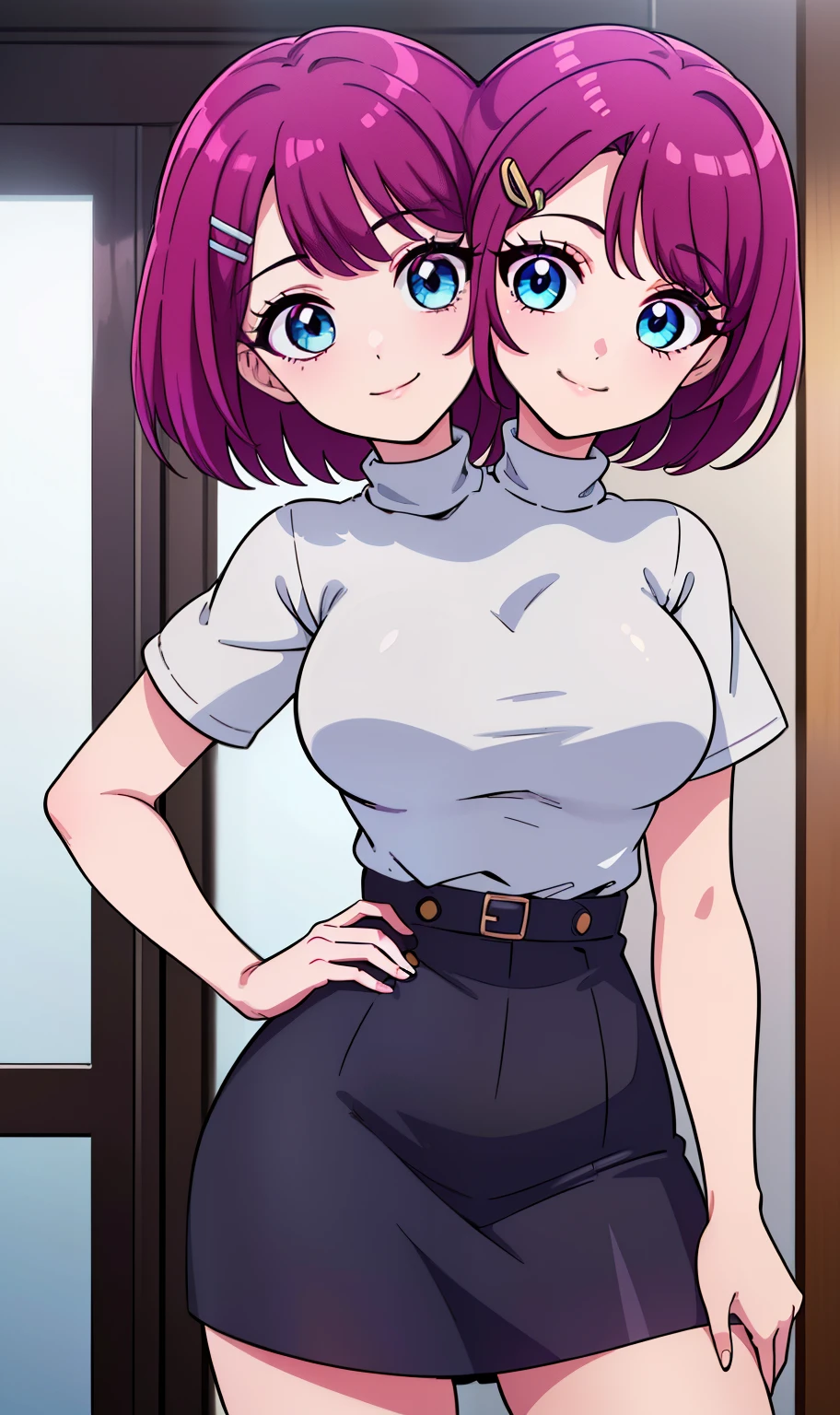 b best quality, (masterpiece),(ultra-detailed), (high quality), (high resolution), ((2heads:1.5)), ((dark magenta hair)), shorts, best quality:1.5, highres, UHD, 4K), smiling, ((white turtleneck shirt)), (short sleeves),((seductive pose)), ((detailed eyes)), (light blue eyes), dark gray skirt, hairclip, ((girl with two heads)