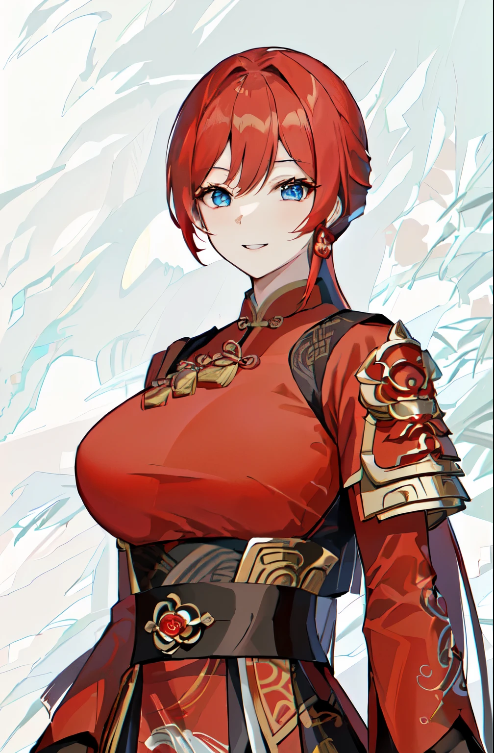 Wearing a red dress、Woman in red top and black belt, Keqing from genshin impact, Ayaka Genshin Impact, Zhongli in Genshin, Actress 👀 :8, She has red hair, Katsushika, mischievous giggle, Ayaka Game Genshin Impact, Dragon King, return, full body xianxia,Three Kingdoms,Dynasty Warriors,4k,Blue eyes beautiful girl,Chinese style,Muscle woman,There are no decorations on the clothes,The clothing pattern is not three-dimensional
