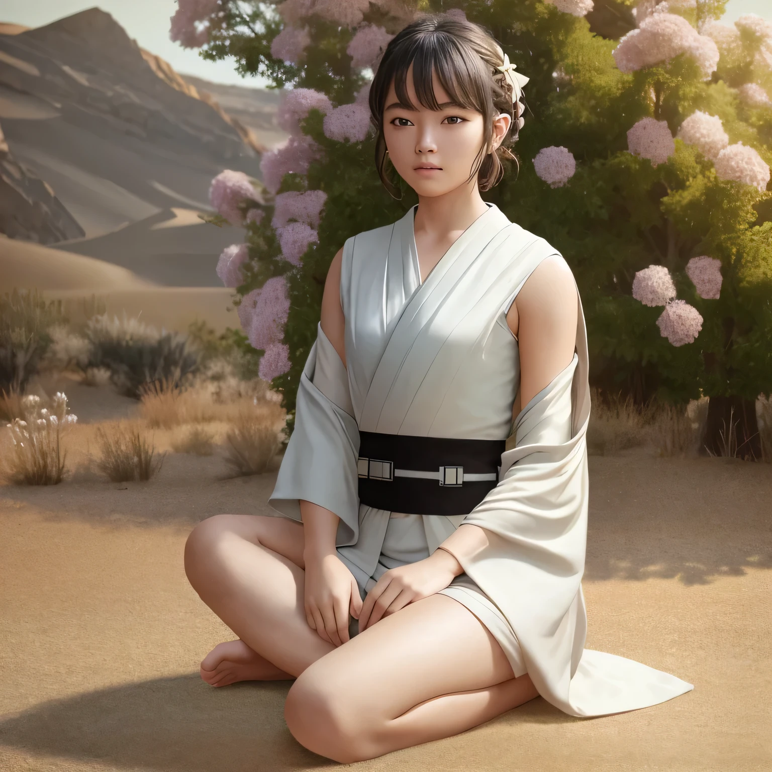 (Jedi meditation:1.3), serene photo,1girl, Jedi master in deep meditation,  in jedioutfit, sitting cross-legged,  (desert oasis:1.1), surrounded by blooming desert flowers, harmonizing with the Force, spiritual retreat, transcendent tranquility, desert enlightenment,  Absurdres, hdr, ultra detailed illustration, extremely detailed face, RAW photo, film grain, skin pores, trending on deviantart 