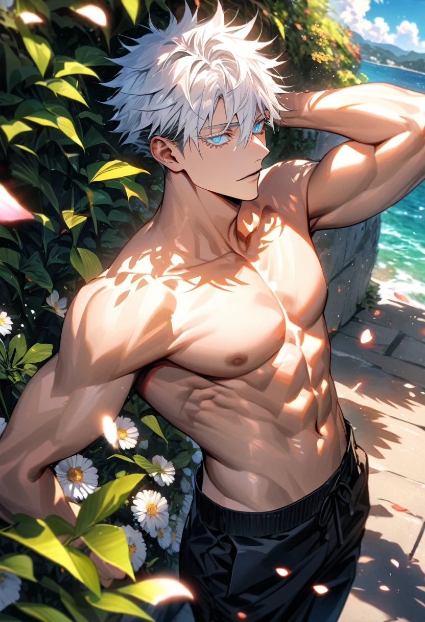 Ultra detailed, Highres, absurdres, HDR, Gojo Satoru, white hair with bangs, expressive blue eyes, hair between the eyes, white eyelashes, Jujutsu Kaisen, green leaves, summer, flowers and petals, handsome, sexy man, black pants, solo, toned chest