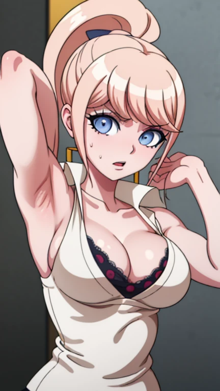 masterpiece, best quality, looking at viewer, upper body, portrait, looking at viewer, laugh, put your hands behind your head, armpits, armpits visible, sweaty armpits, Junko Enoshima, very large breasts, blonde hair, blue eyes , wearing white tanktop, ponytail