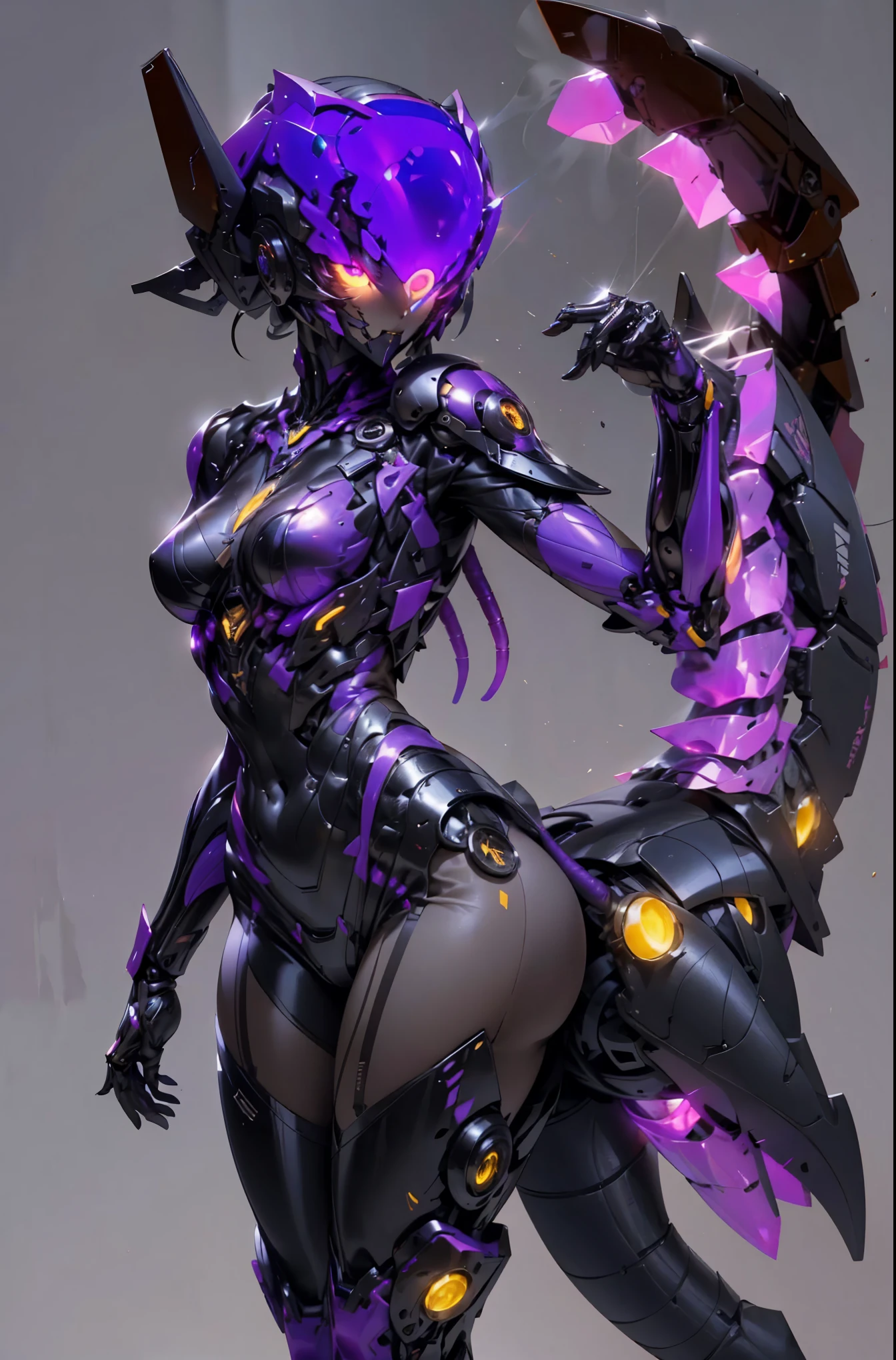 A female transformer. mechanical body. Three luminous eyes. she with a scorpion tail. Helmet liked face. Image colors of black and purple. Metallic luster. full body image. sexy.
