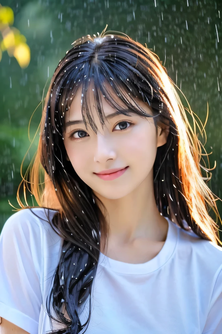 (((8k,Attention to detail,Attention to detail、highest quality,masterpiece,Attention to detail))),RAW Photos & Realistic atmosphere,Beautiful dark eyes,Mouth Details,Glossy lips,Thin eyebrows,beautiful Eyes、Soft white skin that shines in every detail、Her deep black eyes are very beautiful,Very beautiful face,Very beautiful face、Lively Faces,beautiful, Glistening lips,beautiful Eyebrows,Infinite Reality, Realistic Young Gravure Idol,Very cute woman , Young Gravure Idol, とても美しくてかわいいbeautiful 21 year old beauty,Incredibly beautiful and elegant,beautiful 21 year old beauty,Natural soft light,(Shiny Hair,,beautiful and kind eyes:1.5),A kind smile,Shapely breasts,Long Hair,beautiful posture,No makeup,Take a quick look at the camera,(((rain, In the rain,soaked,Wet T-shirt))),