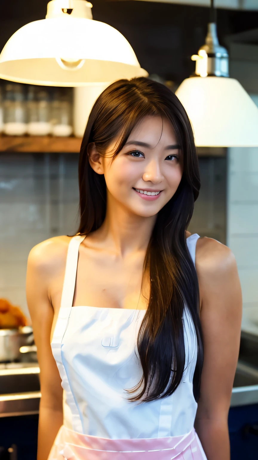 One Girl,Long Hair,smile, ((apron)),(kitchen) 、RAW Photos, (photoRealistic:1.37, Realistic), 8K wallpaper incorporating highly detailed CG, View your audience, (((Straight from the front))), (high qualityスキン:1.8, Shiny skin), 8K Ultra HD, Digital SLR, Soft lighting, high quality, Film Grain, Fujifilm XT3, ((Upper Body:1.6)), (Professional Lighting:1.6)、Big Breasts、No clothes、I&#39;No clothes、I want to see up to my knees、