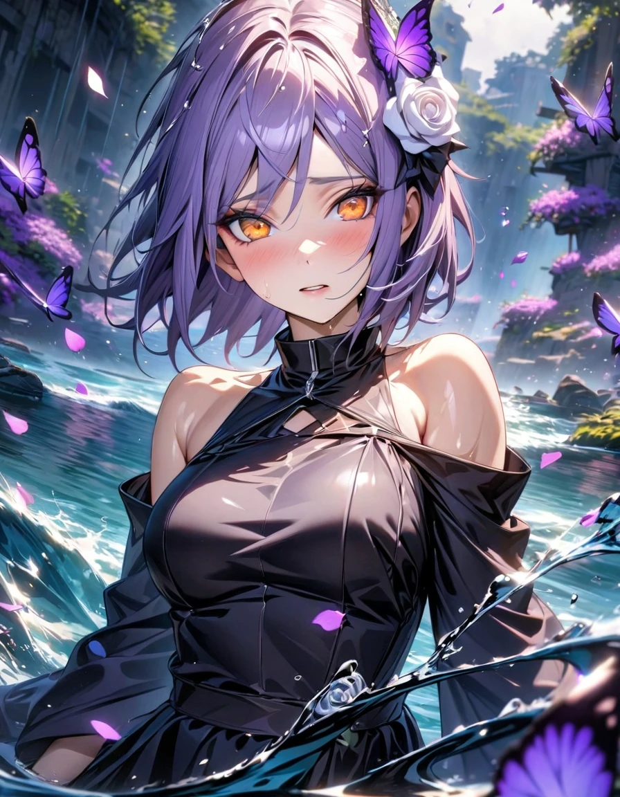 absurdres, highres, ultra detailed, HDR, master piece, best quality, Konan, ligh-purple short hair, expressive orange eyes, Naruto Shippuden, solo, woman, beautiful, white rose on the hair, black clothes, water, purple butterflies, purple flowers, petals