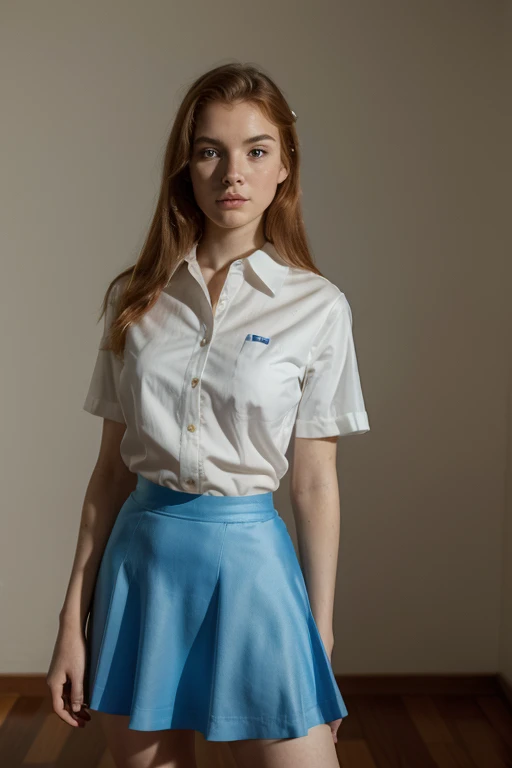 4k portrait of a 18 years old ginger girl, pretty face, very clear skin, almond blue eyes, digital art, art y will eisner and george petty, atomic age style, white shirt and blue skirt, full body, full of details, high quality photo, full body
