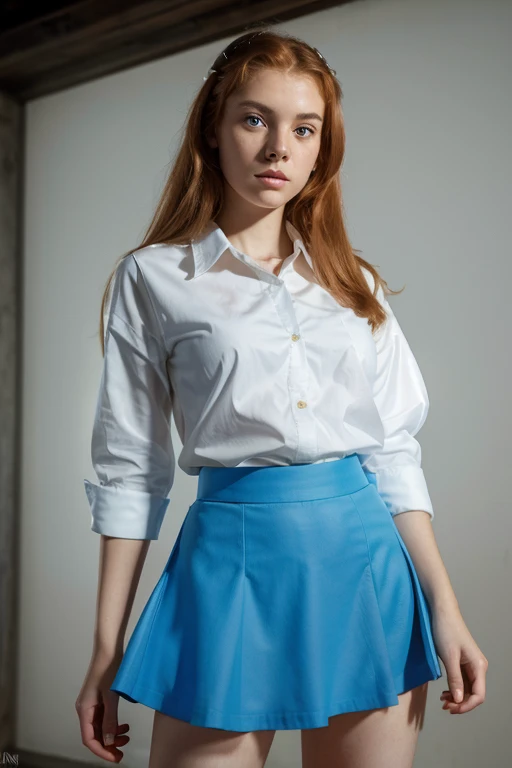4k portrait of a 18 years old ginger girl, pretty face, very clear skin, almond blue eyes, digital art, art y will eisner and george petty, atomic age style, white shirt and blue skirt, full body, full of details, high quality photo, full body