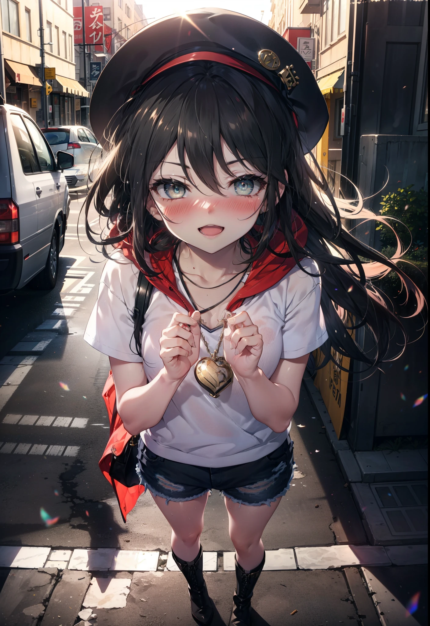 Shana,灼眼のShana,Long Hair, Black Hair,black eye, Small breasts,smile,blush,Open your mouth,Applejack Hat,Tank top shirt,Red hoodie,Short sleeve,Shorts,Black knee socks,Locket Necklace,short boots,Looking down from above,whole bodyがイラストに入るように,morning,morning陽,The sun is rising,
break looking at viewer, whole body,
break outdoors, City Street,construction area,
break (masterpiece:1.2), highest quality, High resolution, unity 8k wallpaper, (shape:0.8), (Beautiful and beautiful eyes:1.6), Highly detailed face, Perfect lighting, Extremely detailed CG, (Perfect hands, Perfect Anatomy),