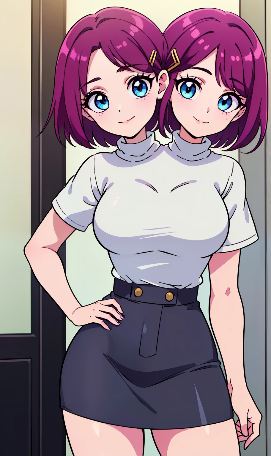 b best quality, (masterpiece),(ultra-detailed), (high quality), (high resolution), ((2heads:1.5)), ((dark magenta hair)), shorts, best quality:1.5, highres, UHD, 4K), smiling, ((white turtleneck shirt)), (short sleeves),((seductive pose)), ((detailed eyes)), (light blue eyes), dark gray skirt, hairclip, ((girl with two heads)