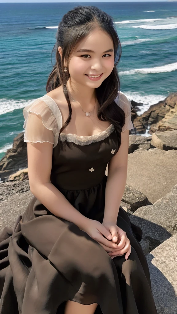 1 girl, alone, looking at the viewer, dark blonde long hair, hair is tied up, ((maid dress, sheer dress)), brown eyes, Coastal rocky background, small breast , smile, sitting, realistic, masterpiece, 最high quality, high quality, High resolution,