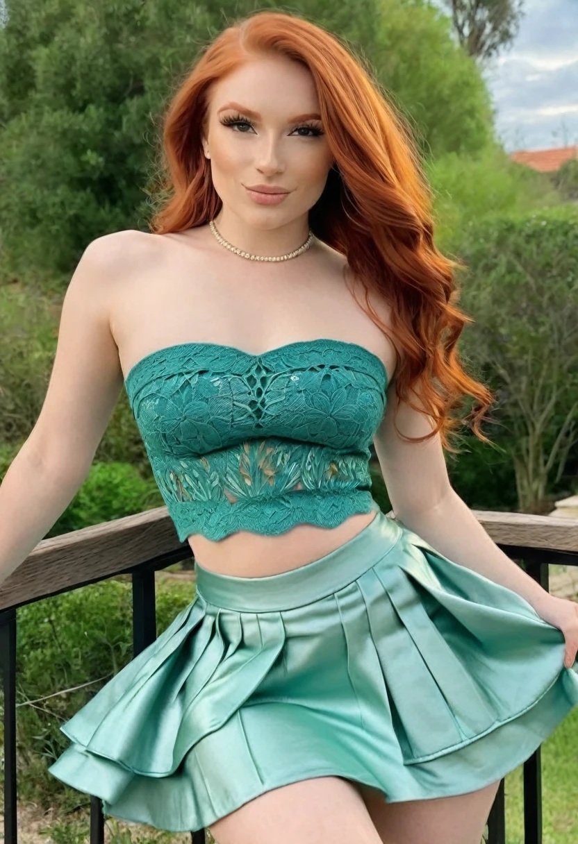 (best high quality:1.5), obra de arte, ((8k)), extremely detailed, (High details:1.4), (Hotlexi woman), Solo, 24 year old Caucasian redhead female, (micro-skirt and crop top strapless),