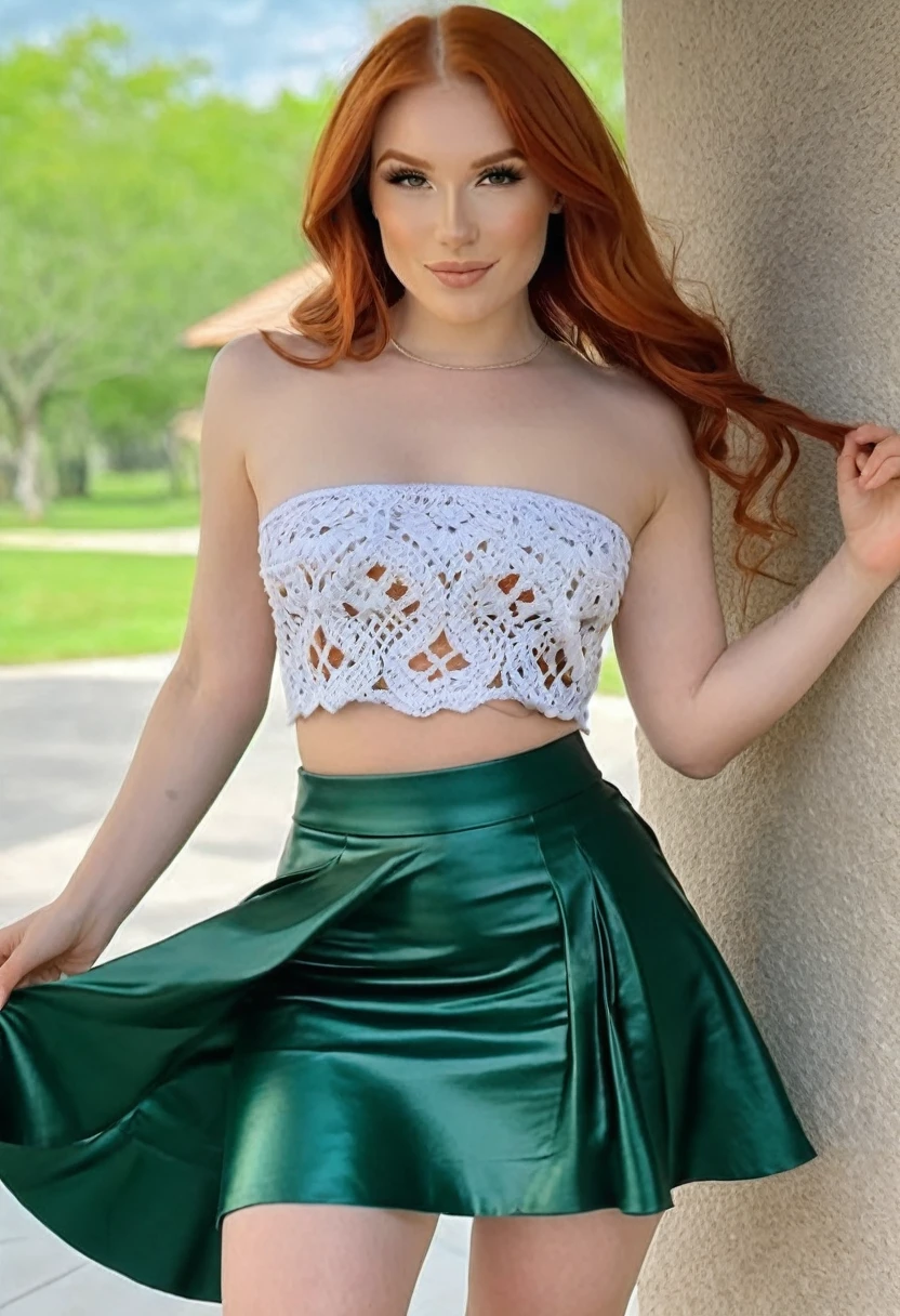 (best high quality:1.5), obra de arte, ((8k)), extremely detailed, (High details:1.4), (Hotlexi woman), Solo, 24 year old Caucasian redhead female, (micro-skirt and crop top strapless),