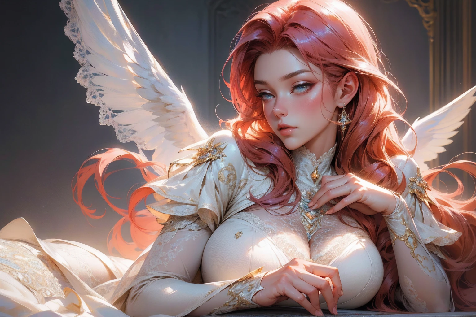 {-erro_de_anatomia:1.0}(best quality,4k,8k,highres,masterpiece:1.2), ultra-detailed, (realistic,photorealistic,photo-realistic:1.37), mature milf, illyasviel von einzbern, redhead hair, upper body, vibrant colors, glowing skin, mesmerizing eyes, elegant pose, enchanting background, delicate lace dress, surreal lighting, ethereal atmosphere, mystical aura, intricate details, artistic medium, digital illustration, fantasy, anime , mouth closed. Different posture , dynamic poses, mouth closed. Different posture, laying on the ground. Perfect fingers. Looking ahead, crystal eyes