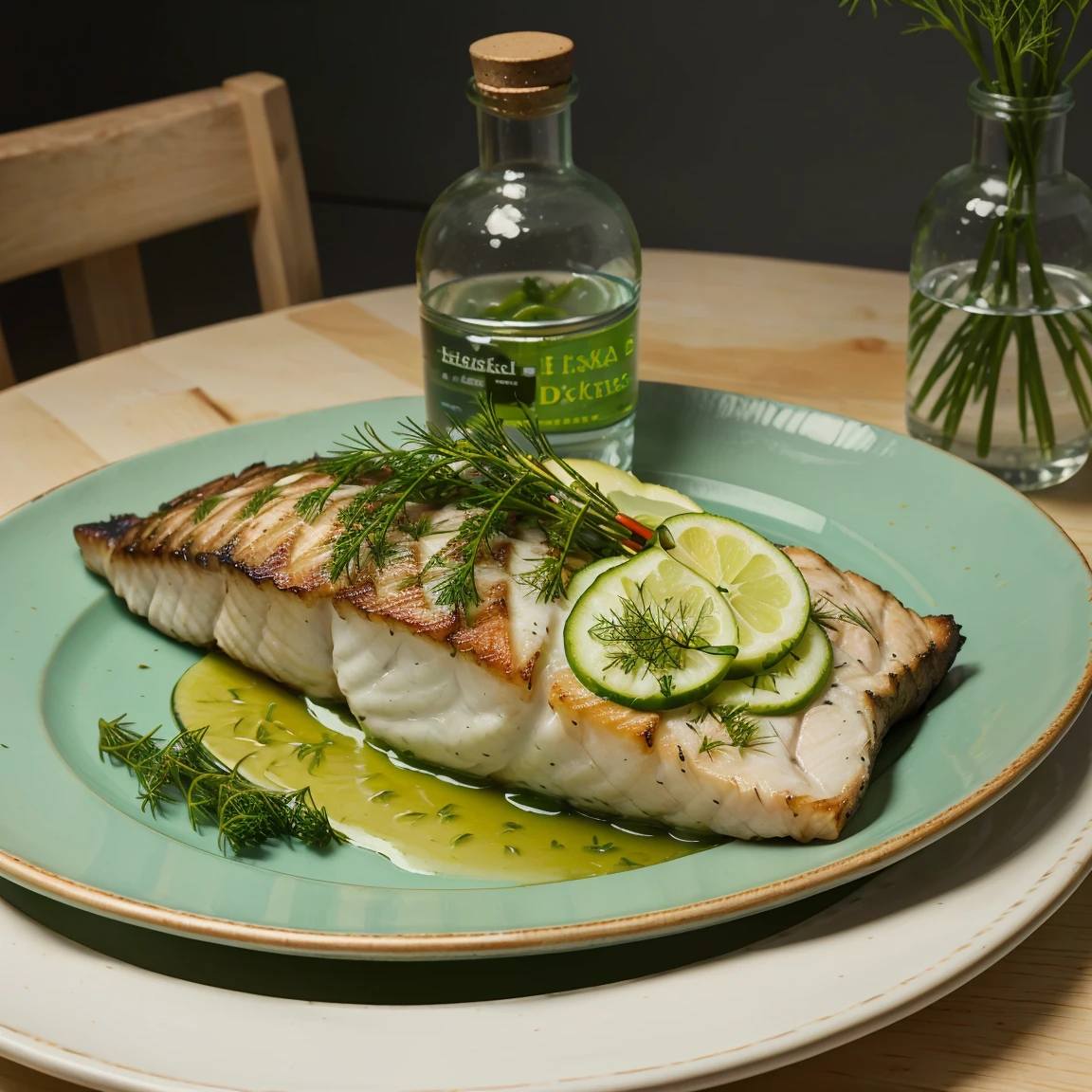 fillet of fish with dill, on a newspaper, with a bottle of vodka, food, art, food photography, green theme, (((macro shooting)))