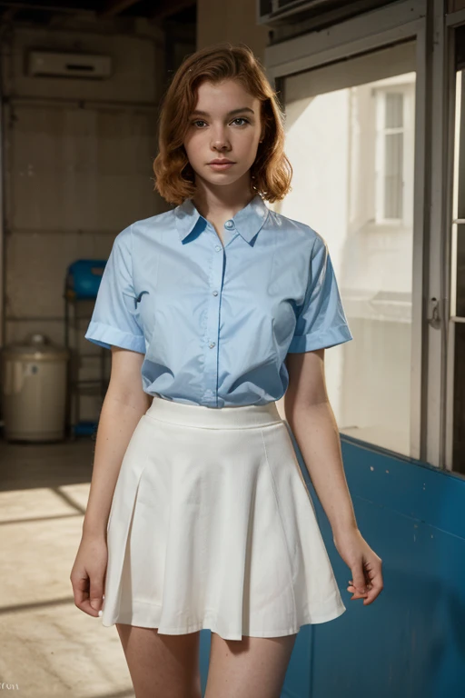 4k portrait of a 18 years old ginger girl, pretty face, very clear skin, almond blue eyes, digital art, art y will eisner and george petty, atomic age style, white shirt and blue mid skirt, full body, full of details, high quality photo