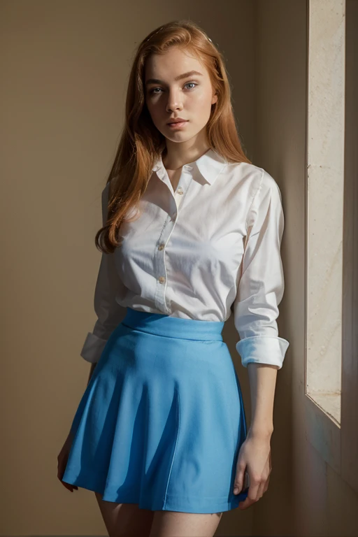 4k portrait of a 18 years old ginger girl, pretty face, very clear skin, almond blue eyes, digital art, art y will eisner and george petty, atomic age style, white shirt and blue mid skirt, full body, full of details, high quality photo