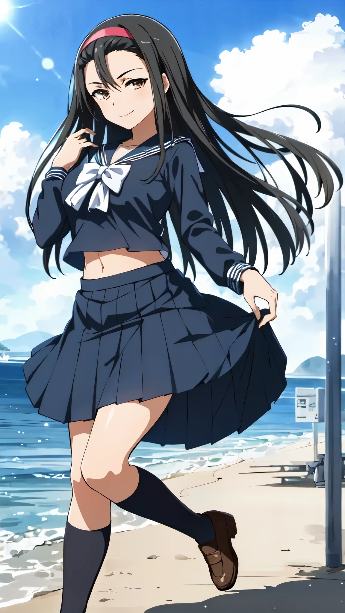 ((masterpiece)),((highest quality)),Super detailed,Awareness-raising,Explicit,beautiful body,beautiful Nose,beautiful character design,Perfect Eyes,Perfect Face,wallpaper,Ultra-high resolution,4K,photograph,(beautiful,normal chest:1.2),(beautiful顔:1.2),Beautiful feet,Perfect Legs,Shiny skin,Official Style,Official Art,Make a screen cap,Anime Coloring,
Kumokawa Seria,One girl,alone,Black Hair,Long Hair,Brown eyes,,skirt,belly button,hair band,shoes下,smile,abdomen,loafers,bow,serafuku,chest,Knee-high,whole body,View Viewer,pleated skirt,shoes,Brown footwear,Sailor collar,blue skirt,white Sailor collar,Are standing,Long sleeve,Outdoor,