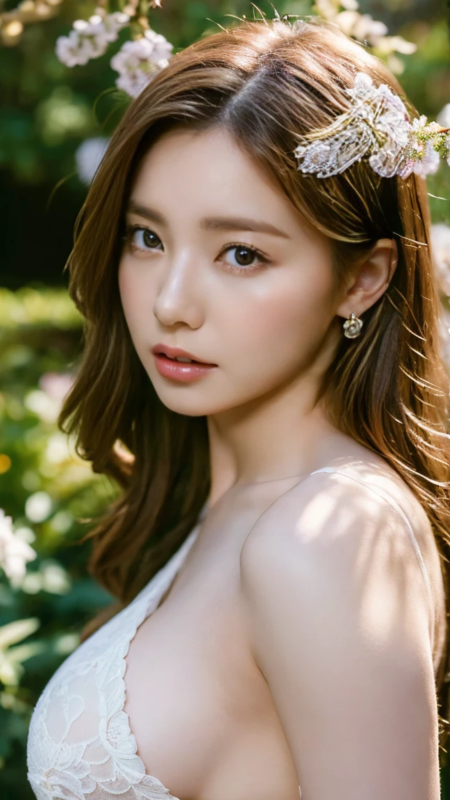 highest quality, masterpiece, Big Breasts, (Big Breasts), Detailed skin texture, Detailed cloth texture, Detailed face, Super detailed, 8k, Intricate details, One girl, 24-years-old, High Contrast, High resolution eyes, blonde,Wisteria flowers in the background