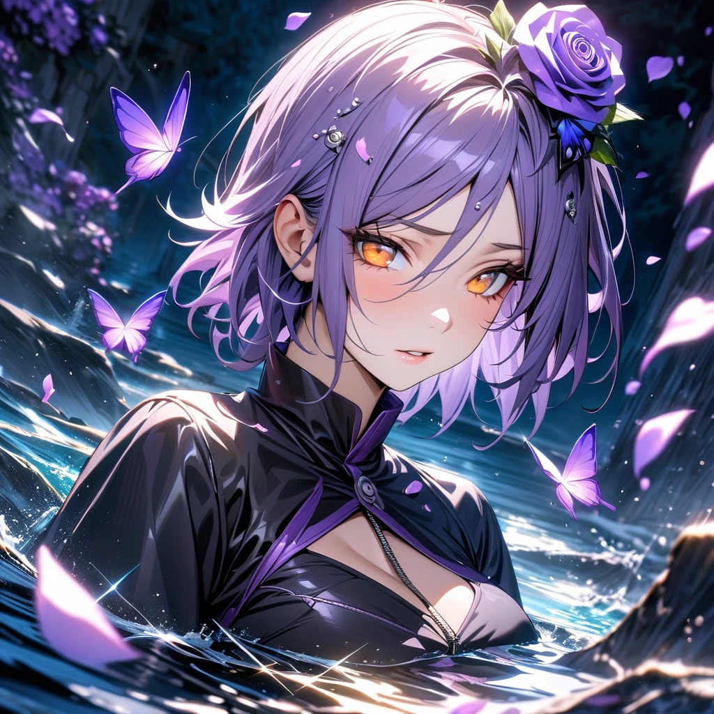 absurdres, highres, ultra detailed, HDR, master piece, best quality, Konan, ligh-purple short hair, expressive orange eyes, Naruto Shippuden, solo, woman, beautiful, white rose on the hair, black clothes, water, purple butterflies, purple flowers, petals