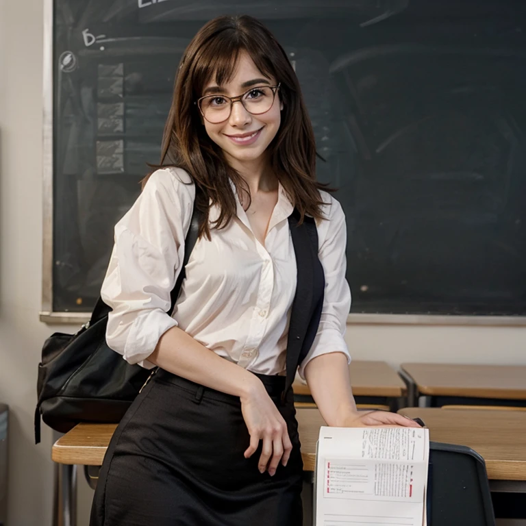 Cristin Milioti dressed as a sexy teacher with glasses and smiling