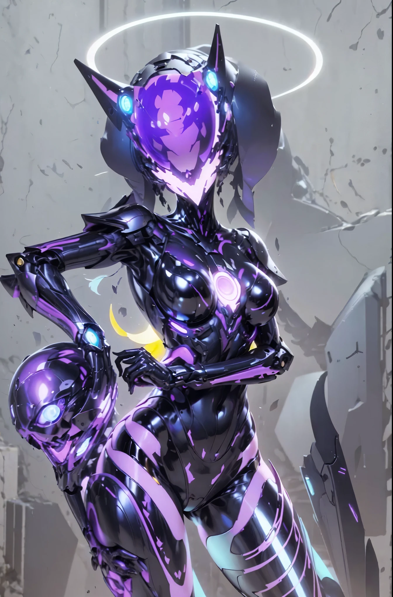 A female transformer. mechanical body. Three luminous eyes. she with a scorpion tail. Helmet liked face. Image colors of black and purple. Metallic luster. full body image. sexy.