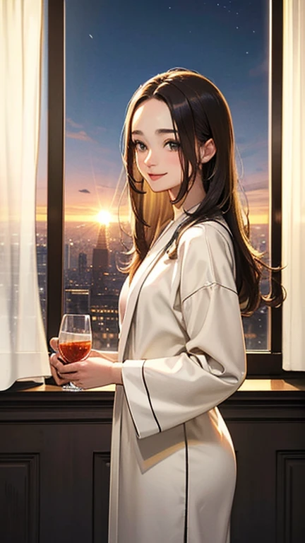 Only one female, Are standing, (navy robe) stylish, Mature Woman, /(Mid-length hair、Light brown hair、Blonde hair/) Beautiful forehead, A kind smile, (Masterpiece of the highest quality:1.2) Delicate illustrations, super detailed,  (stylish luxury room) indoor, window, Night cityscape, Detailed Background