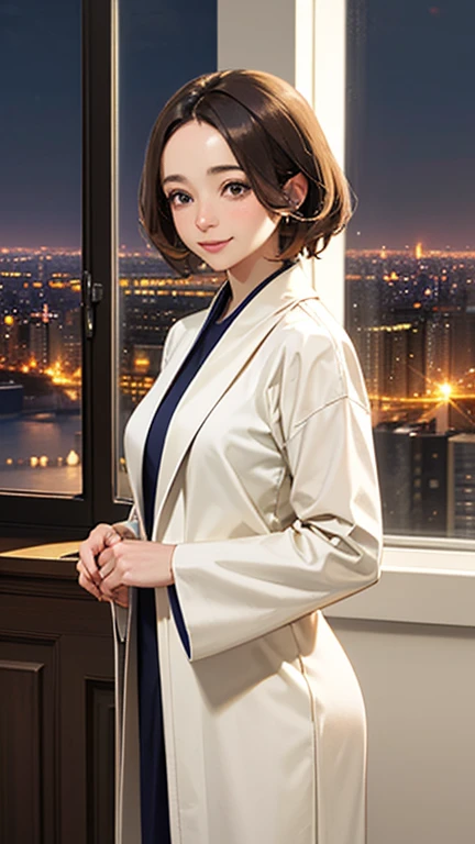Only one female, Are standing, (navy robe) stylish, Mature Woman, /(short hair、Light brown hair、Blonde hair/) Beautiful forehead, A kind smile, (Masterpiece of the highest quality:1.2) Delicate illustrations, super detailed, (stylish luxury room) indoor, window, Night cityscape, Detailed Background