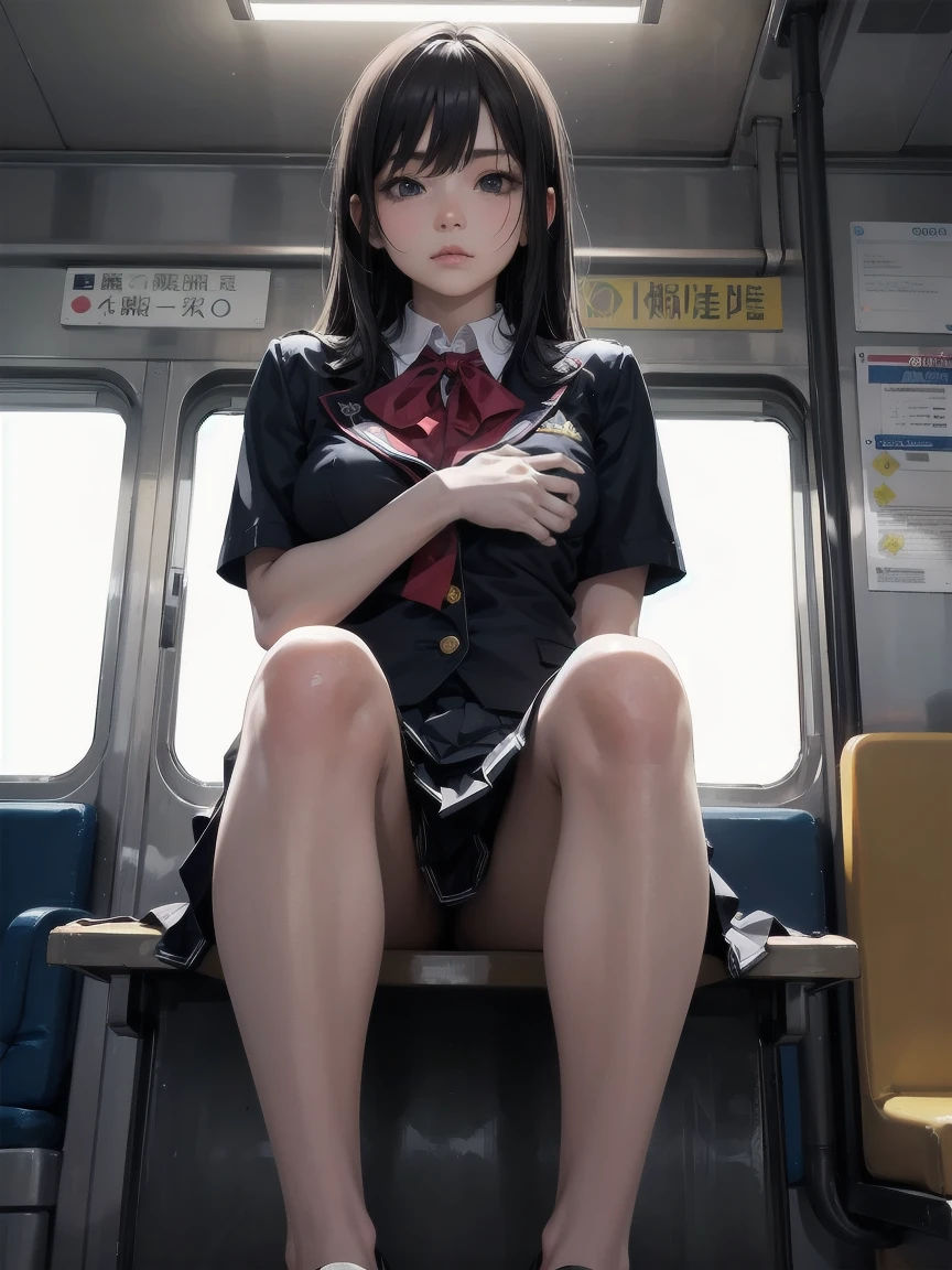 "(masterpiece, High resolution, Ultra High resolution, 4K) Black Hair,  Japanese girl, Uniform skirt, Accentuate your thighs, White thighs, Soft thighs, Gorgeous thighs, Sitting on a train, Orientation angle, (Angle from below),sitting in a train seat,Sit in front,Crotch Zoom Camera,Put your feet on the train floor,whole body,Looking down and sleepy,Only watching the audience", highest quality, 超High resolution, (Realistic:1.4),, High resolution, Familiar, RAW Photos, Shapuri, Nikon D850 film stock photo by Lee Jefferies 4 Kodak Portra 400 camera F1.6 lens rich colors hyper Realistic lively textures dramatic lighting unreal engine artstation trends cinestir 800,sole、Footjob、Nipples are visible、My chest is visible、sole、Open chest、