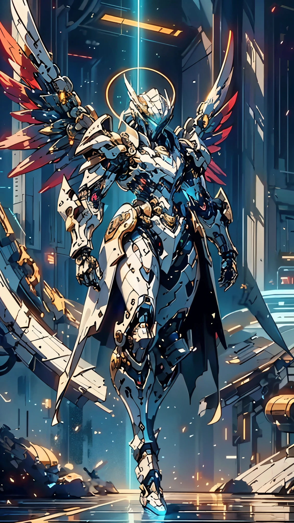 A man wearing a full-face helmet, a fantasy-style biotech armored combat suit, green eyes, (a composite layered chest armor), fully enclosed shoulder guards, matching arm and leg guards, the belt is adorned with Halo, (the color scheme is primarily white with red and blue accents), the design balances heavy with agility, a high-tech bio-mecha armor, (Armor Concept Inspired by Angel, stand on the top of a skyscraper in a futuristic sci-fi city), this character embodies a finely crafted fantasy-surreal style armored hero in anime style, exquisite and mature manga art style, (battle damage, element, plasma, energy, the armor glows), ((male:1.5)), metallic, real texture material, dramatic, high definition, best quality, highres, ultra-detailed, ultra-fine painting, extremely delicate, professional, perfect body proportions, golden ratio, anatomically correct, symmetrical face, extremely detailed eyes and face, high quality eyes, creativity, RAW photo, UHD, 32k, Natural light, cinematic lighting, masterpiece-anatomy-perfect, masterpiece:1.5