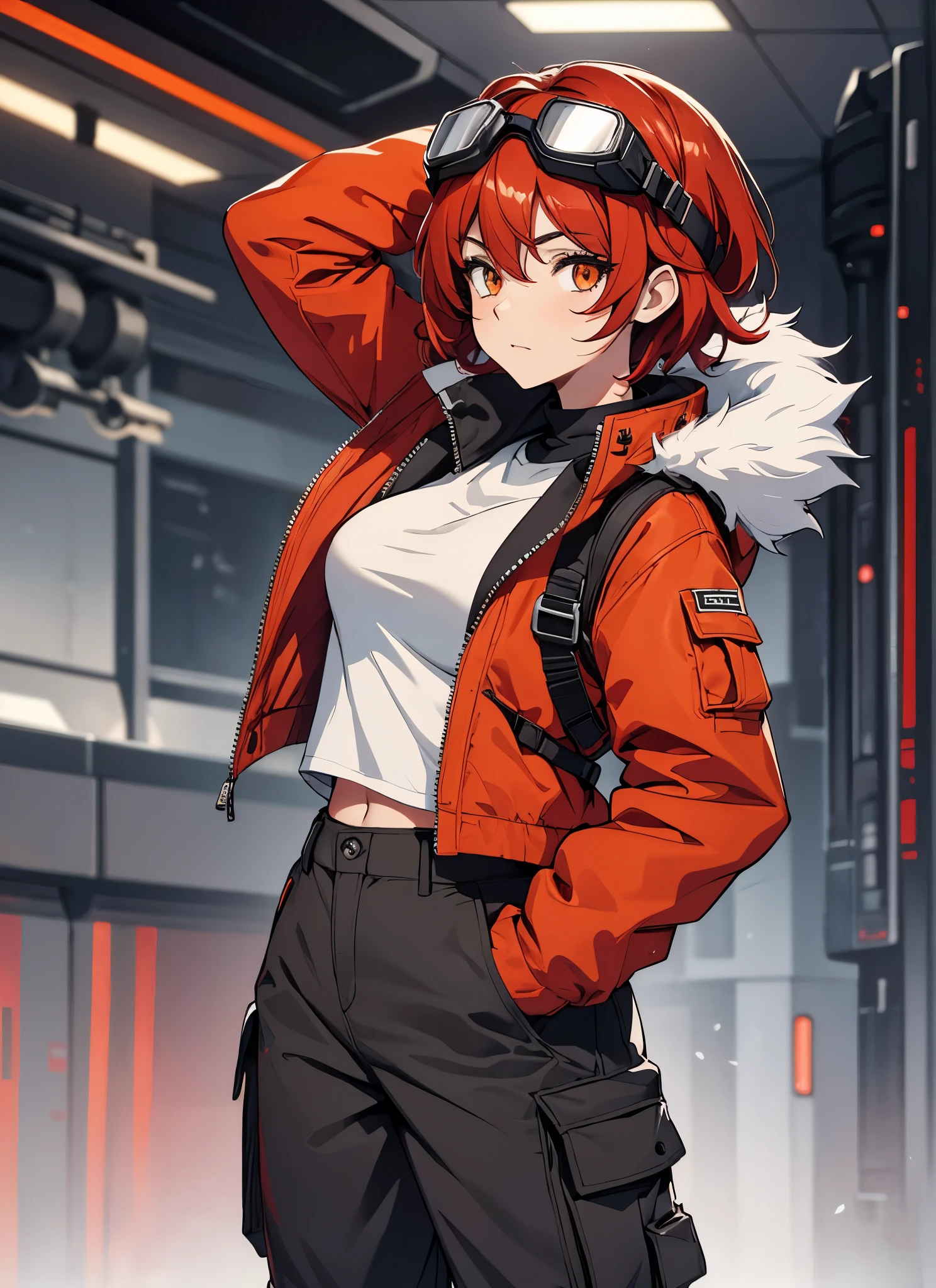 best quality, ultra-high resolution, depth of field:1.2), solo, adult, 1woman, toned body, big breasts, wide hips,front view, perfect face, portrait, expressive eyes, Female, girl with (goggles on head:1.2) female, meduim breasts,lady_nagant, short hair, red hair,orange eyes,red jacket with black details, ( white fur jacket: 1.2),winter clothes, white t-shirt, ((gray baggy cargo pants)), black military boots ((small details in red))
