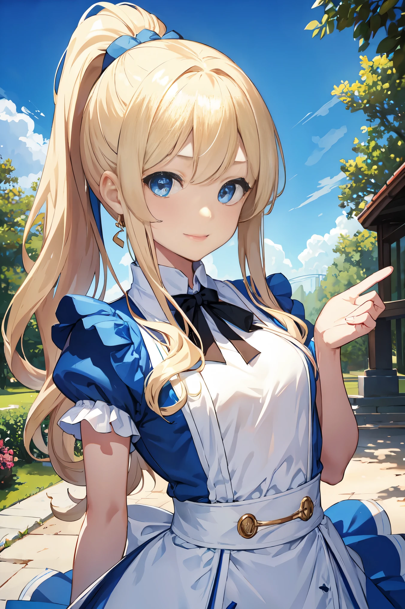 (masterpiece:1.2), (highest quality:1.2),, Curvy but slender body, Perfect Eyes, Perfect Face, Perfect lighting, 1 girl, in the garden, (The whole body is visible),(Are standing),(Sleeveless sweater),(Cute gestures),(smile),(ponytail),Curly Hair, Quality clothing, Detailed outdoor background, Compensate, eye shadow, Thick eyelashes, Fantasy, Looking at the audience, whole body,Alice in Wonderland、blue sky、Bright and very beautiful face、Young and shiny white glossy skin、The ultimate beauty、The most beautiful light blonde hair in the world、Thin Hair、Long Hair、Shiny beautiful bangs、Shining, clear, big blue eyes、Very beautiful and adorable 17 year old girl, the most beautiful in the world、Small breasts