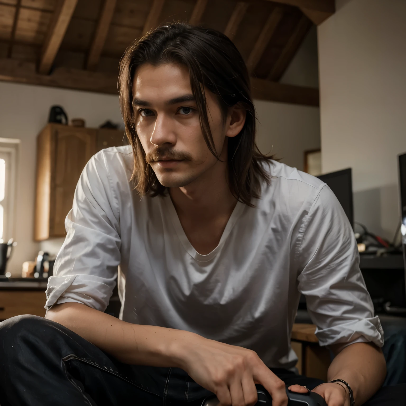 erstelle ein bild mit einem jungen vietnamesen 18 jahre alt. he has slightly shorter hair that goes forward and a very light moustache that is barely visible. das besondere ist er beschmiert sich mit kot. neben ihm liegt ein kot einmer und er sitz zuhause vor seinem gaming set up