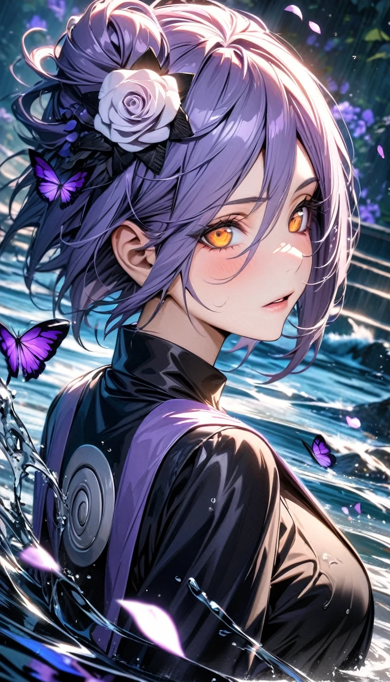 absurdres, highres, ultra detailed, HDR, master piece, best quality, Konan, ligh-purple short hair, expressive orange eyes, Naruto Shippuden, solo, woman, beautiful, white rose on the hair, black clothes, water, purple butterflies, purple flowers, petals