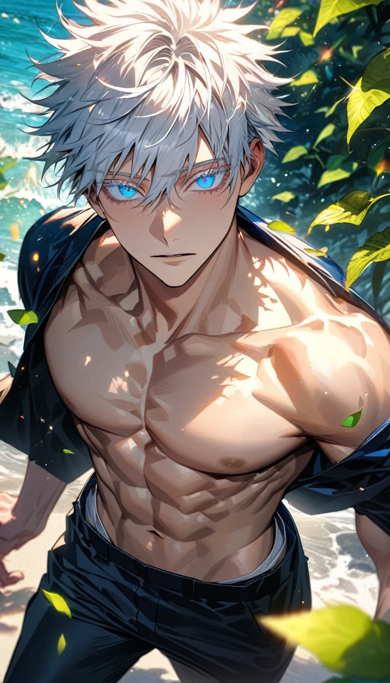 Ultra detailed, Highres, absurdres, HDR, Gojo Satoru, white hair with bangs, expressive blue eyes, hair between the eyes, white eyelashes, Jujutsu Kaisen, green leaves, summer, flowers and petals, handsome, sexy man, black pants, solo, toned chest, extremely detailed face and eyes, glittering,