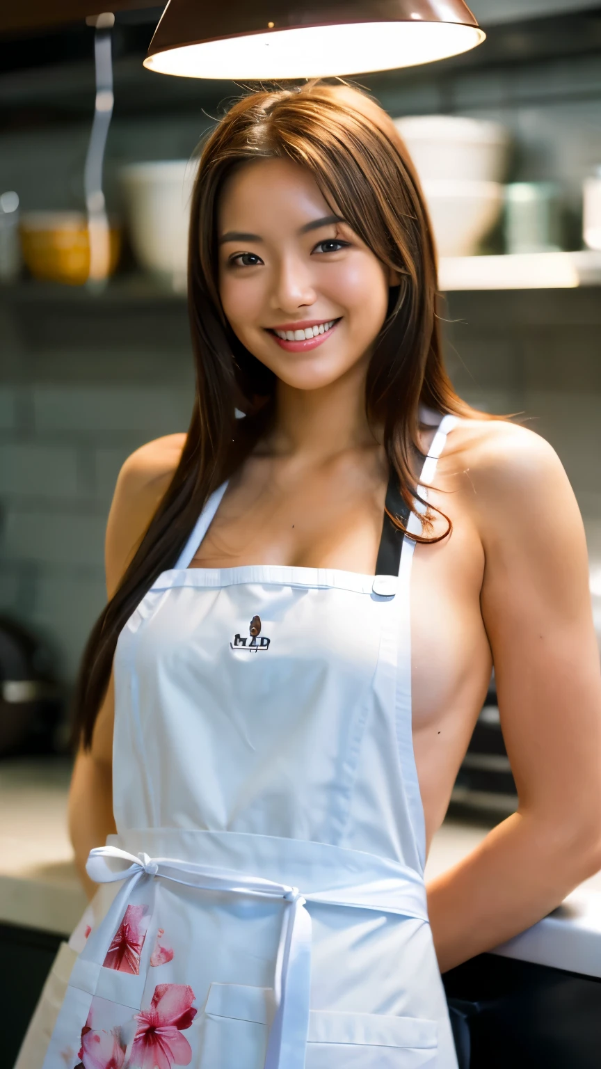 One Girl,Long Hair,smile, ((apron)),(kitchen) 、RAW Photos, (photoRealistic:1.37, Realistic), 8K wallpaper incorporating highly detailed CG, View your audience, (((Straight from the front))), (high qualityスキン:1.8, Shiny skin), 8K Ultra HD, Digital SLR, Soft lighting, high quality, Film Grain, Fujifilm XT3, ((Upper Body:1.6)), (Professional Lighting:1.6)、Big Breasts、No clothes、I&#39;No clothes、I want to see up to my knees、