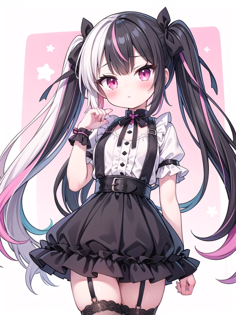 1girl, best quality, perfect hands, very long hair, multicolored hair, white hair, black hair, pink streaked hair, pink colored inner hair, white to pink gradient hair, black thighhighs, twintails, hair ribbon, bow, black thighhighs, black garter straps, jirai fashion, jirai kei, black lace up, pink ruffled shirt, zipper, black skirt, black neck ribbon, frills, frilled leg belt, hair ornament, blush
