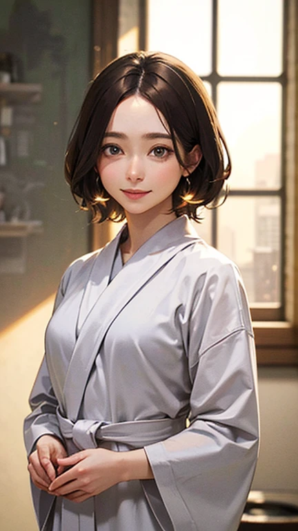 Only one female, (navy robe) stylish, Mature Woman, /(short hair、Light brown hair、Blonde hair/) Beautiful forehead, A kind smile, (Masterpiece of the highest quality:1.2) Delicate illustrations, super detailed, (stylish luxury room) indoor, window, Night cityscape, Detailed Background