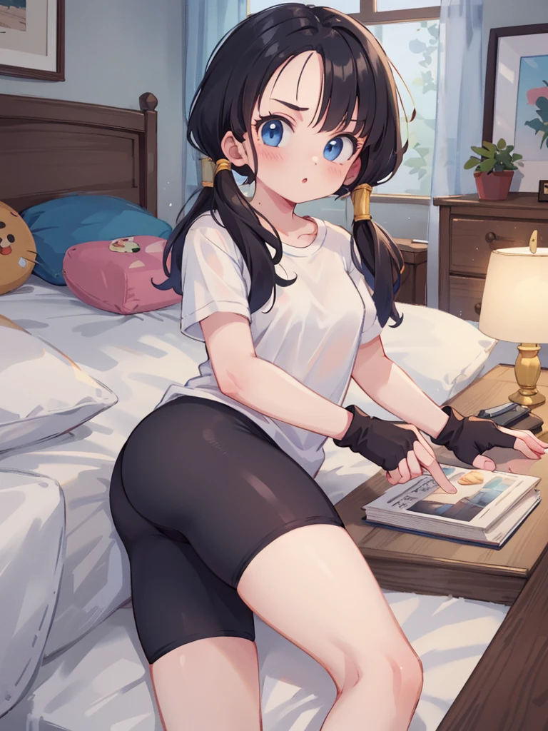 (masterpiece, best quality), 1girl,  videl, shirt, fingerless gloves, bike shorts, white shirt, bedroom, 