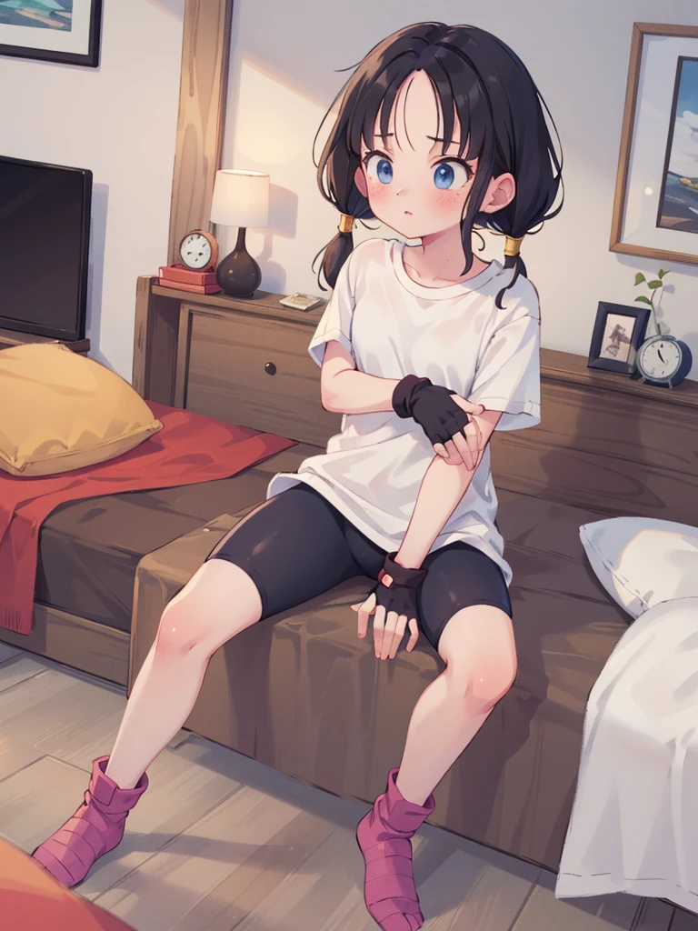 (masterpiece, best quality), 1girl,  videl, shirt, fingerless gloves, bike shorts, white shirt, bedroom, 